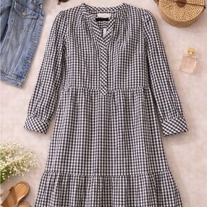 LOFT Black & Cream Gingham Tiered Mini Dress- size large